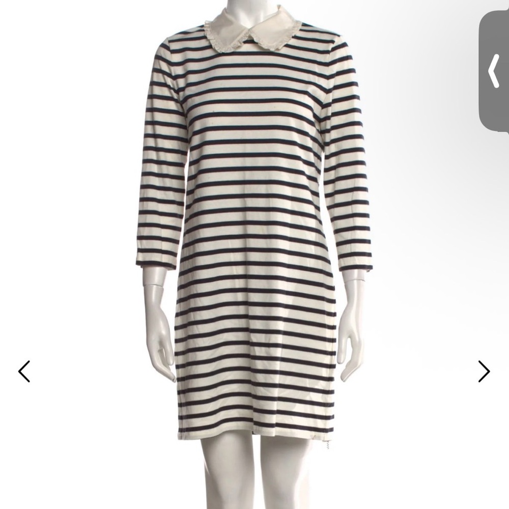 KATE SPADE Small Black Cream French Stripe Peter Pan Ruffled Collar Cotton Dress